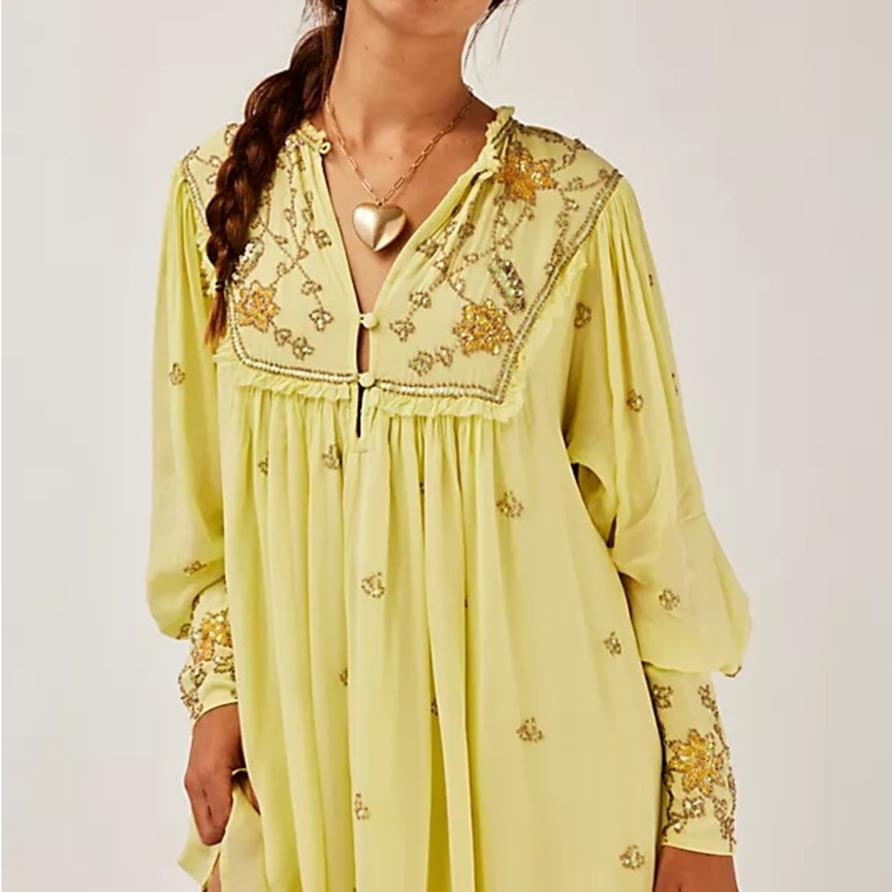 Free People Bali Golden Sun Mini Dress Jeweled Boho Chic Women’s Medium NWOT